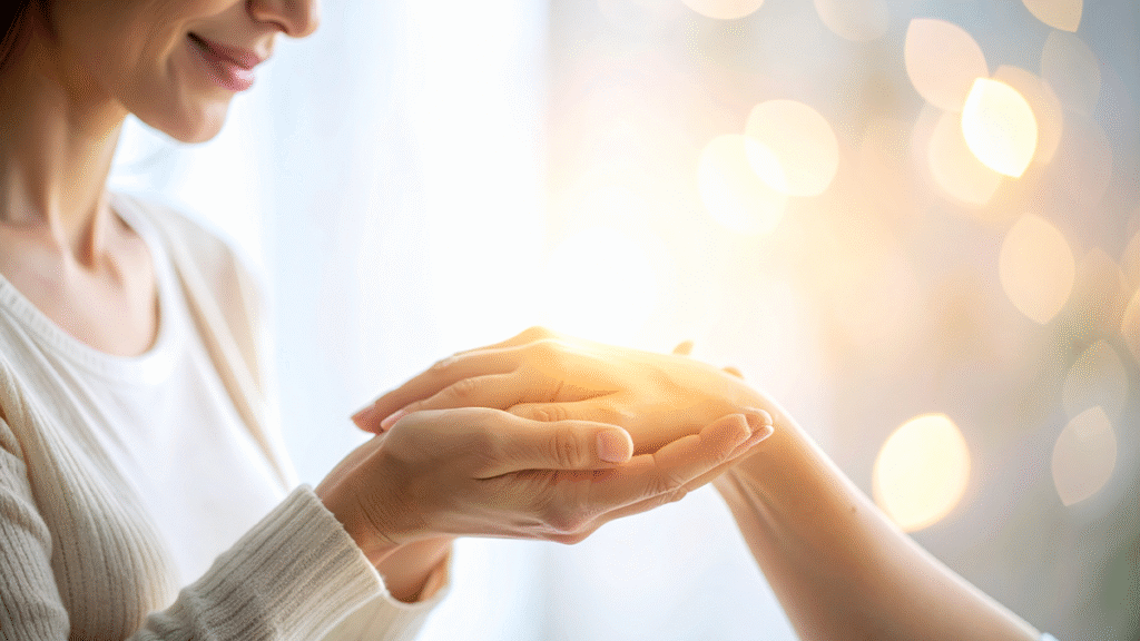 Travma Sonrası Güvenli Bağ Kurmak Travma sonrası içsel çocukla bağ kuran bir kadının sembolik tasviri