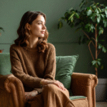 Flört şiddeti nedeniyle terapi alan bir kadının danışmanla yaptığı içe dönük konuşma anı, huzurlu bir terapi odasında.