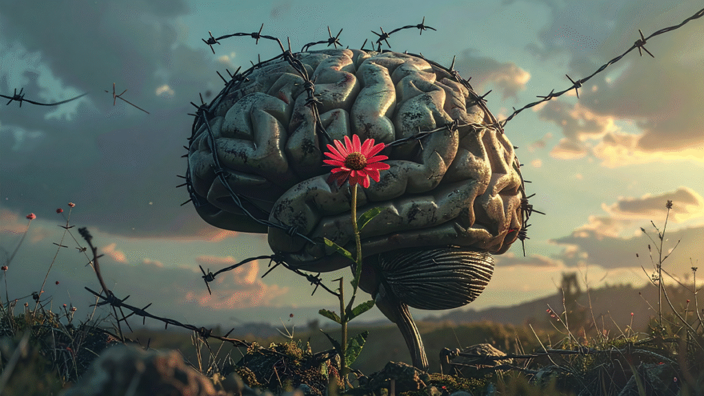 kaygı ve anksiyete Zihinsel baskı altında umutla mücadele eden birey temsili.