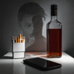 Bağımlılık Tedavisi; Sigara, telefon ve alkolün olduğu bağımlılığı simgeleyen masa.