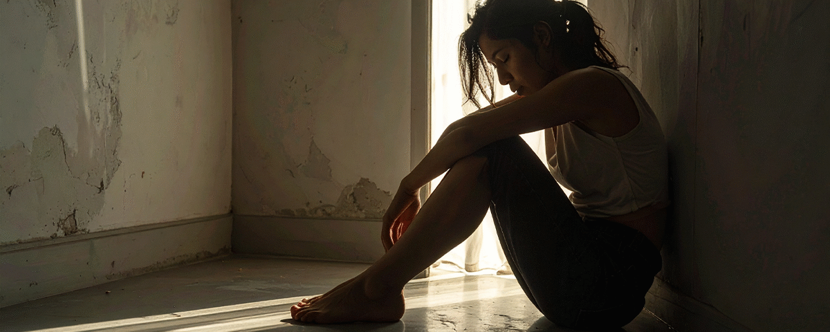 Depresyon yaşayan yalnız bir kişi, gölgeli ortamda dizlerine sarılmış halde oturuyor.