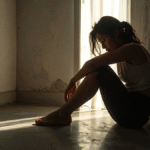 Depresyon yaşayan yalnız bir kişi, gölgeli ortamda dizlerine sarılmış halde oturuyor.