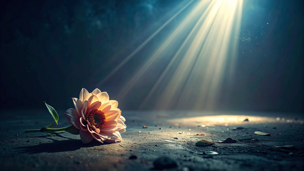 Depresyon; Karanlıkta solmuş bir çiçek ve yukarıdan gelen ince bir ışık huzmesi, depresyonun metaforik anlatımı.